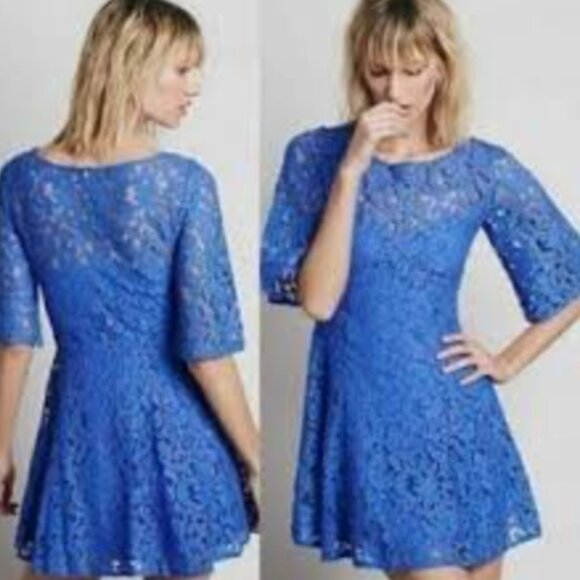 FREE PEOPLE || Blue Lace Mini Dress - Size 2 - Picture 5 of 5